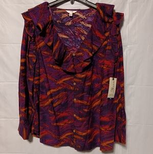 Terra & Sky NWT Women's Woven Ruffle Top, Burgundy Pattern, 0X (14W)